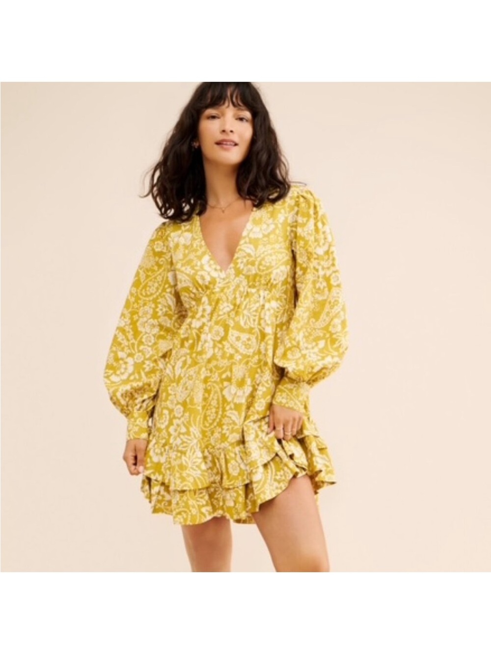 NWT Anthropologie Maeve Floral Mustard Yellow White Puff Sleeve Mini Dress